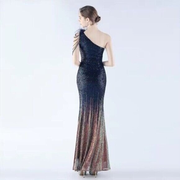Navy, One Shoulder Beaded, Feather Neck, Sequined/ Mesh, Gradient Mermaid Gown - Picture 8 of 16